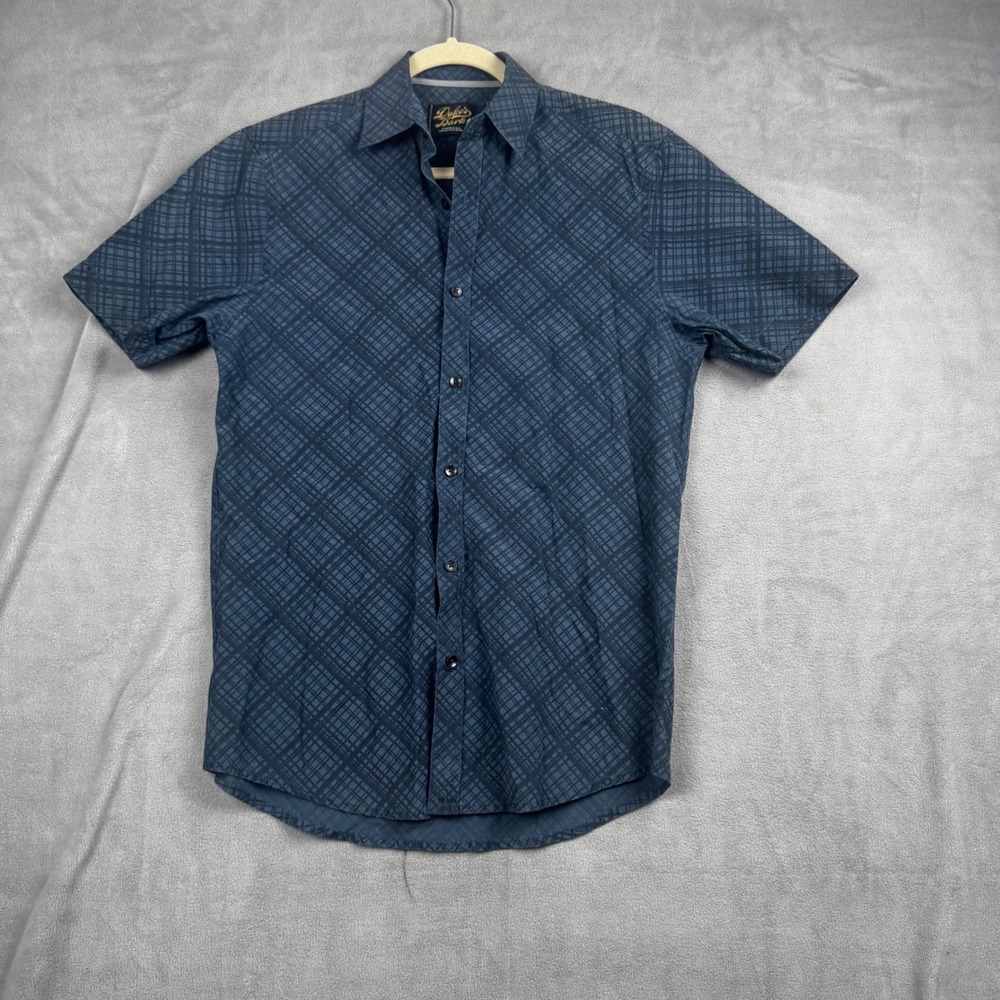 Dukes Bark Mens Navy Blue Geometric Grid Short Sleeve Button Down Shirt Size S